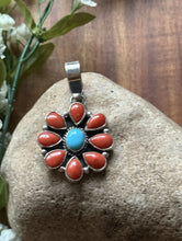 Load image into Gallery viewer, Navajo Sterling Silver Red Coral Turquoise Cluster Pendant LY