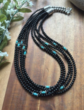 Load image into Gallery viewer, Sterling Silver Multi Strand Black Onyx Turquoise Bead Necklace. 22 Inch