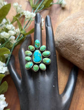 Load image into Gallery viewer, Navajo Sterling Silver Sonoran Gold Turquoise Cluster Ring Size 9 Geneva