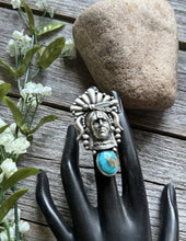 Load image into Gallery viewer, Navajo Sterling Silver Turquoise Indian Chief Head Adjustable Ring Russell Sam