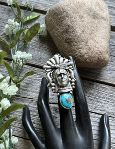 Navajo Sterling Silver Turquoise Indian Chief Head Adjustable Ring Russell Sam