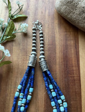 Load image into Gallery viewer, Sterling Silver Multi Strand Heishi Lapis Turquoise Pearls Bead Necklace 18 inch