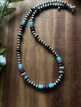 Load image into Gallery viewer, Sterling Silver Purple Spiny Oyster W Turquoise Pearls Bead Necklace. 18 inch