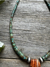 Load image into Gallery viewer, Sterling Silver Orange Spiny Oyster Turquoise Heishi Jackla Bead Necklace 17”