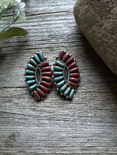 Load image into Gallery viewer, Navajo Native American Sterling Silver Turquoise Coral Cluster Stud Earrings J