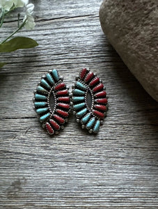 Navajo Native American Sterling Silver Turquoise Coral Cluster Stud Earrings J