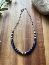 Load image into Gallery viewer, Sterling Silver Graduated Lapis Pearls Chain Bead Necklace. 16 Inch. Gift