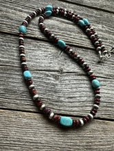 Load image into Gallery viewer, Sterling Silver Purple Spiny Oyster W Turquoise Bead Necklace. 24 Inch