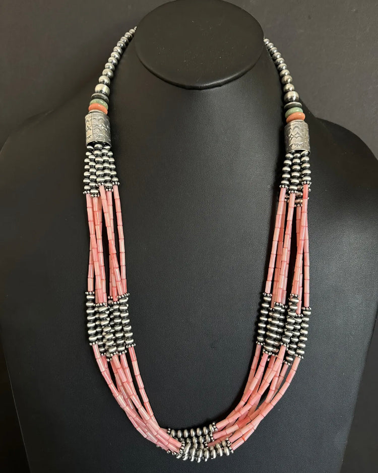 Sterling Silver Multi Strand Pink Coral W Pearls Bead Necklace 30 Inch