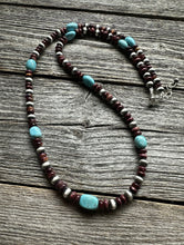 Load image into Gallery viewer, Sterling Silver Purple Spiny Oyster W Turquoise Bead Necklace. 24 Inch