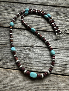 Sterling Silver Purple Spiny Oyster W Turquoise Bead Necklace. 24 Inch