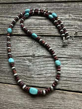 Load image into Gallery viewer, Sterling Silver Purple Spiny Oyster W Turquoise Bead Necklace. 24 Inch