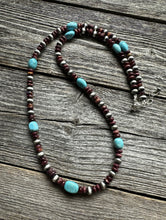 Load image into Gallery viewer, Sterling Silver Purple Spiny Oyster W Turquoise Bead Necklace. 24 Inch