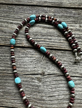 Load image into Gallery viewer, Sterling Silver Purple Spiny Oyster W Turquoise Bead Necklace. 24 Inch