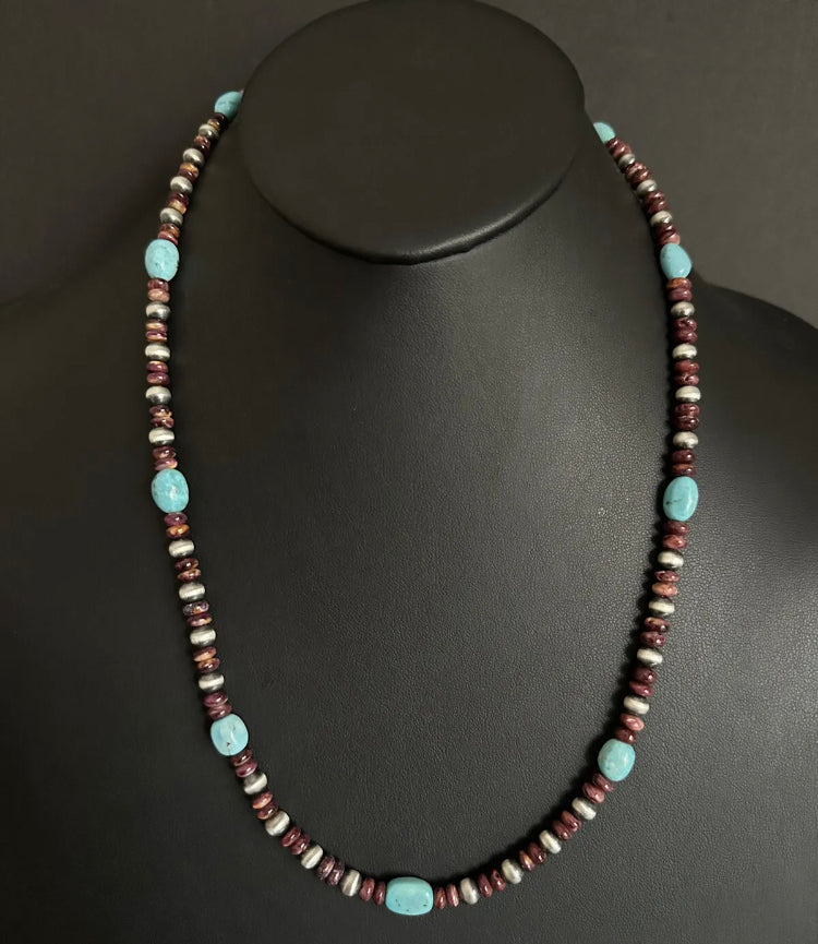 Sterling Silver Purple Spiny Oyster W Turquoise Bead Necklace. 24 Inch