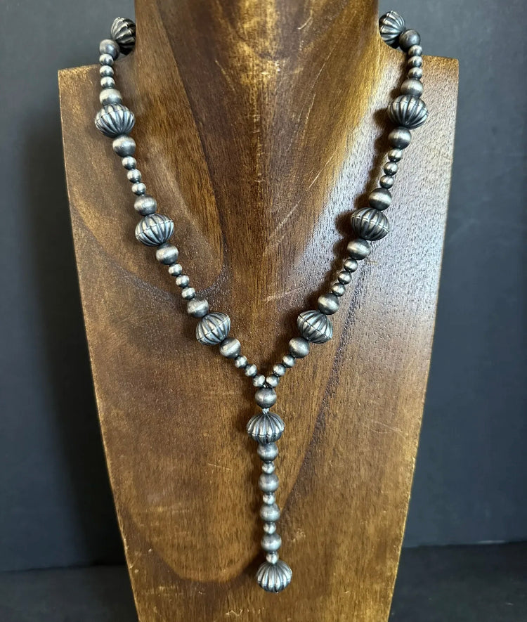 Sterling Silver Pearls W Corrugated Bead Necklace. 22 Inch