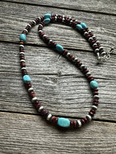 Load image into Gallery viewer, Sterling Silver Purple Spiny Oyster W Turquoise Bead Necklace. 24 Inch