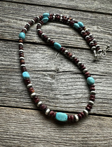 Sterling Silver Purple Spiny Oyster W Turquoise Bead Necklace. 24 Inch
