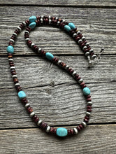 Load image into Gallery viewer, Sterling Silver Purple Spiny Oyster W Turquoise Bead Necklace. 24 Inch