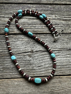 Sterling Silver Purple Spiny Oyster W Turquoise Bead Necklace. 24 Inch