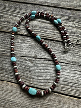 Load image into Gallery viewer, Sterling Silver Purple Spiny Oyster W Turquoise Bead Necklace. 24 Inch