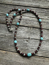 Load image into Gallery viewer, Sterling Silver Purple Spiny Oyster W Turquoise Bead Necklace. 24 Inch