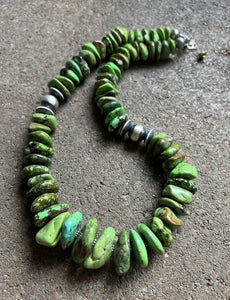 Sterling Silver Graduated Green Turquoise Bead Necklace. 18 inch
