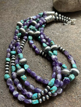 Load image into Gallery viewer, Sterling Silver Multi Strand Amethyst Turquoise W Pearls Bead Necklace. 24 inch