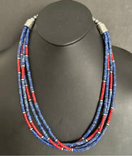 Load image into Gallery viewer, Sterling Silver Multi Strand Lapis Coral Pearls Bead Necklace. 24 inch