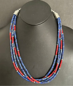 Sterling Silver Multi Strand Lapis Coral Pearls Bead Necklace. 24 inch
