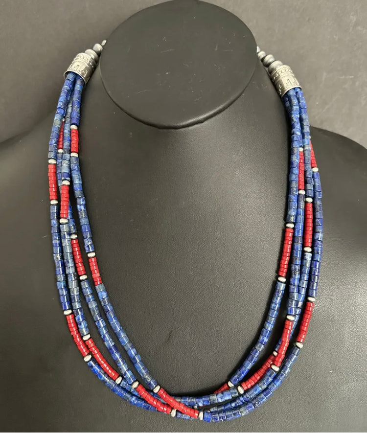 Sterling Silver Multi Strand Lapis Coral Pearls Bead Necklace. 24 inch