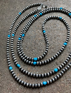 60” Sterling Silver Sleeping Beauty Turquoise 5mm Navajo Pearls Bead Necklace