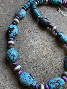 Sterling Silver Dyed Sugilite Turquoise W Navajo Pearls Bead Necklace. 22 inch