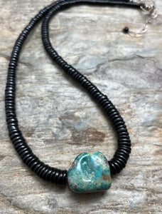 Sterling Silver Graduated Black Onyx Turquoise Bead Necklace. 18 Inch
