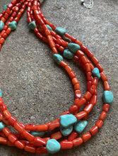 Load image into Gallery viewer, Sterling Silver Multi Strand Coral Turquoise Bead Necklace 24 Inch