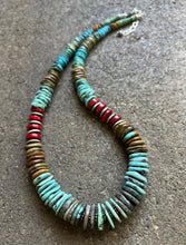 Load image into Gallery viewer, Sterling Silver Blue Green Turquoise W Red Coral Bead Necklace 19 Inch