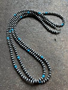 60” Sterling Silver Sleeping Beauty Turquoise 6mm Pearls Bead Necklace