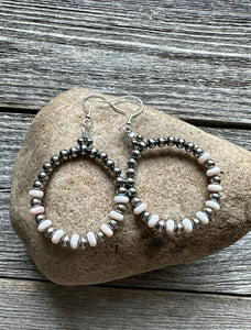 Sterling Silver Pink Conch W Pearls Bead Hoop Earrings. 2.5 Inch.