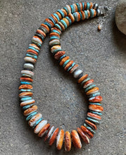 Load image into Gallery viewer, Sterling Silver Graduated Turquoise W Spiny Oyster Bead Necklace. 18 inch