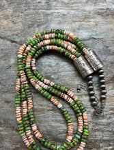 Load image into Gallery viewer, Sterling Silver Multi Strand Green Turquoise Spiny Oyster Bead Necklace. 20 inch