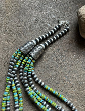 Load image into Gallery viewer, Sterling Silver Multi Strand Blue Green Turquoise Bead Necklace. 24 inch