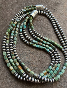 Sterling Silver Multi Strand Green Turquoise Bead Necklace. 30 inch