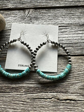 Load image into Gallery viewer, Sterling Silver Heishi Turquoise Oxidized Pearls Bead Hoop Earrings. 2.4 Inch