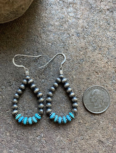 Sterling Silver Blue Turquoise W Pearls Bead Loop Earrings.