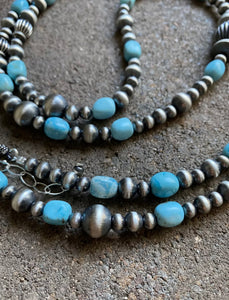 Sterling Silver Turquoise W Navajo Pearls Bead Necklace 44 Inch