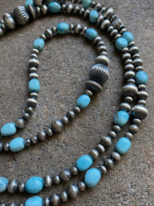 Sterling Silver Turquoise W Navajo Pearls Bead Necklace 44 Inch