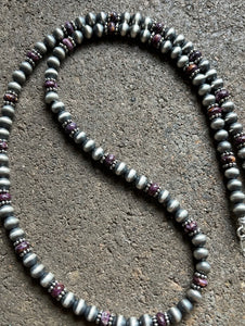 Sterling Silver Purple Spiny Oyster W 6mm Pearls Bead Necklace. 24 inch