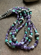 Load image into Gallery viewer, Sterling Silver Multi Strand Amethyst Turquoise W Pearls Bead Necklace. 24 inch
