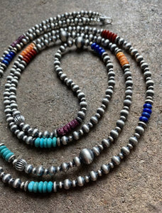 Long Sterling Silver Multi Stone Bead Necklace. 60 inch