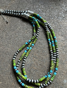 Sterling Silver Multi Strand Blue Green Turquoise Bead Necklace. 24 inch